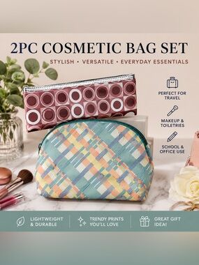 2pc Cosmetic Bag Set Geometric & Pastel Plaid Travel Makeup Pouch Pencil Case